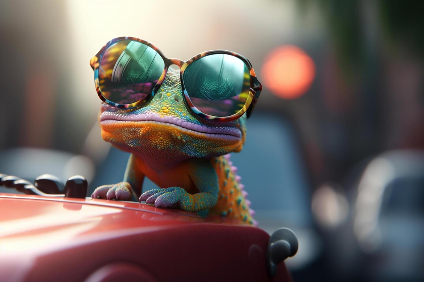 cool caméléon relaxant par le balade dans des lunettes de soleil ai généré photo