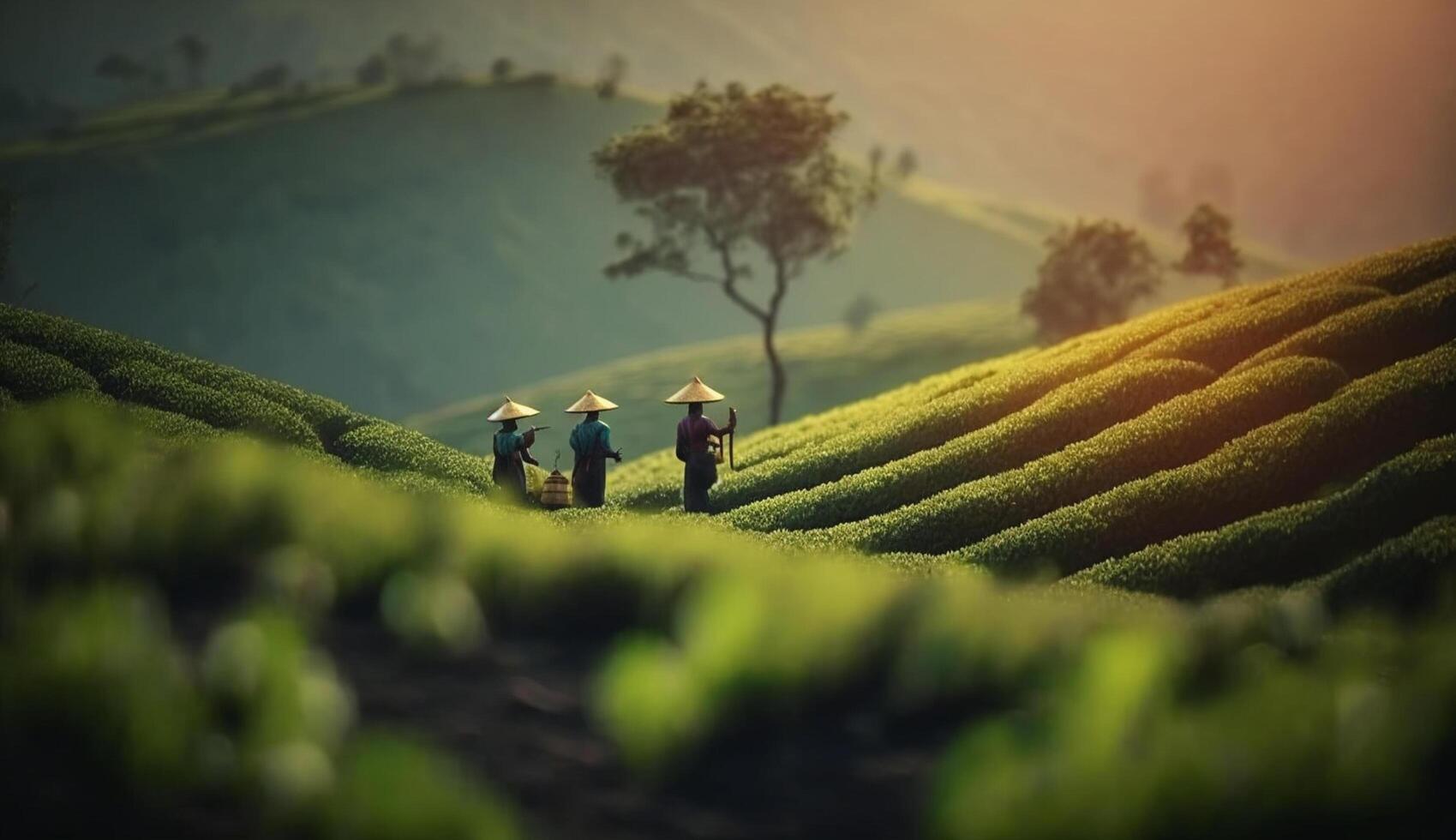 aperçus de sérénité Indien thé plantation avec traditionnel vêtu ouvriers récolte dans le luxuriant verdure ai généré photo