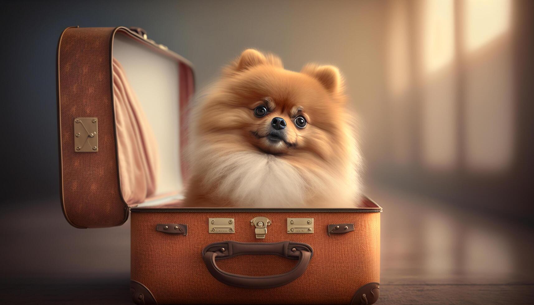 prêt pour le périple adorable poméranien chien séance dans une valise ai généré photo