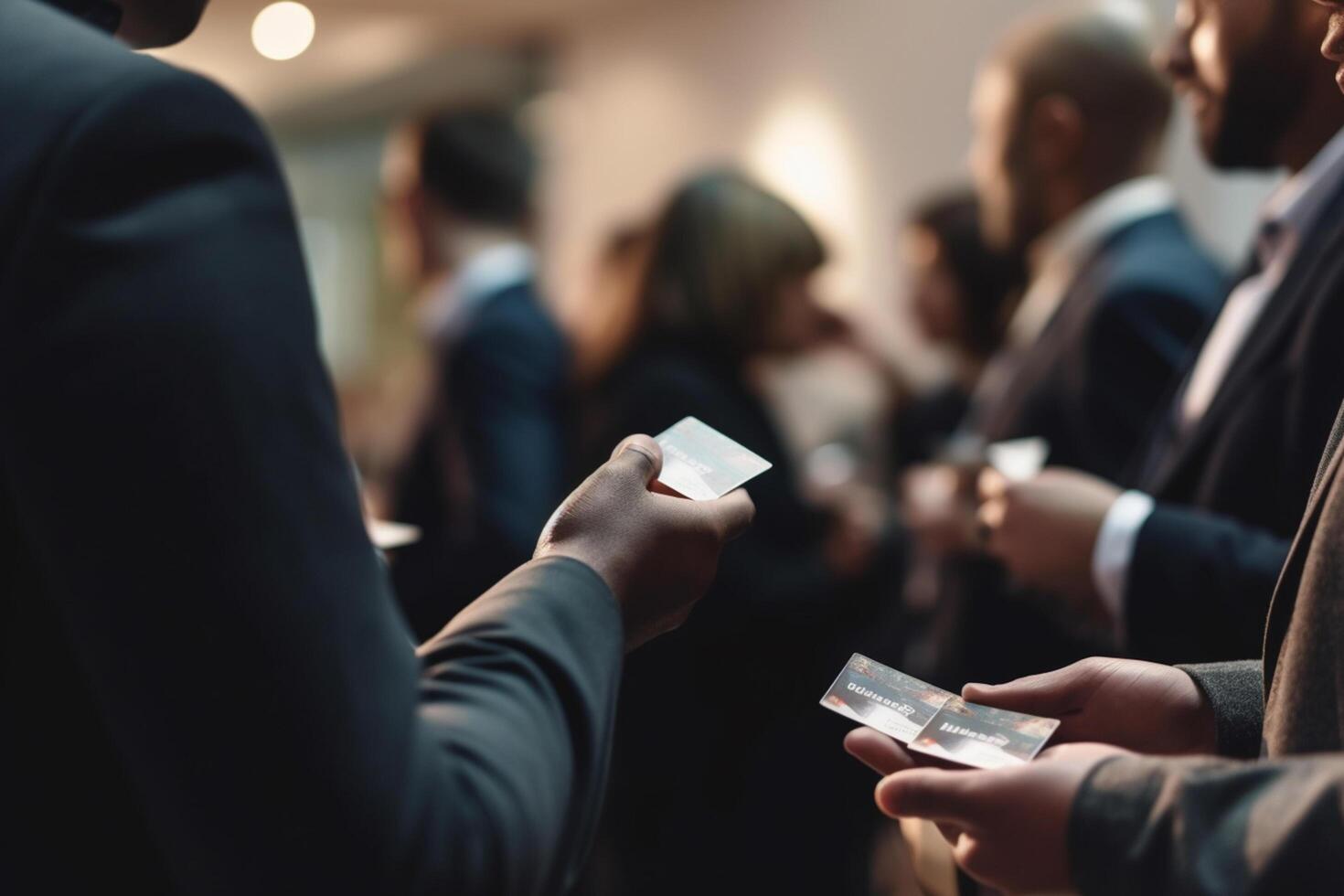 la mise en réseau à affaires conférence flou professionnels échanger affaires cartes ai généré photo