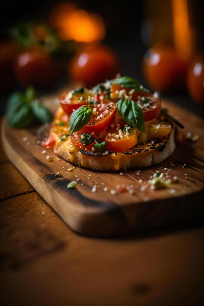 authentique italien Bruschetta sur rustique pain avec tomates et basilic ai généré photo