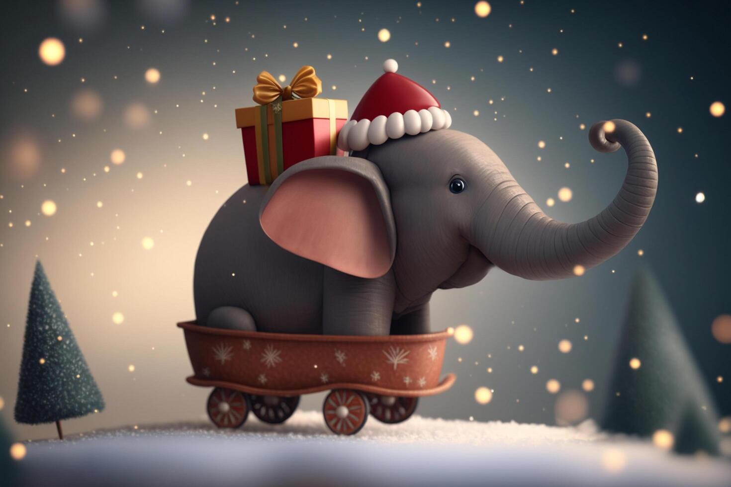 une petit et marrant l'éléphant portant une Noël chapeau équitation une traîneau dans le neige ai généré photo