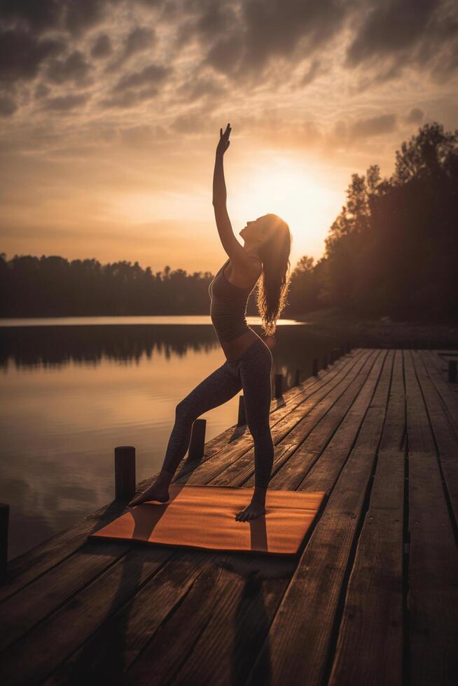 sérénité dans mouvement femme engageant dans le coucher du soleil yoga sur Lac jetée ai généré photo