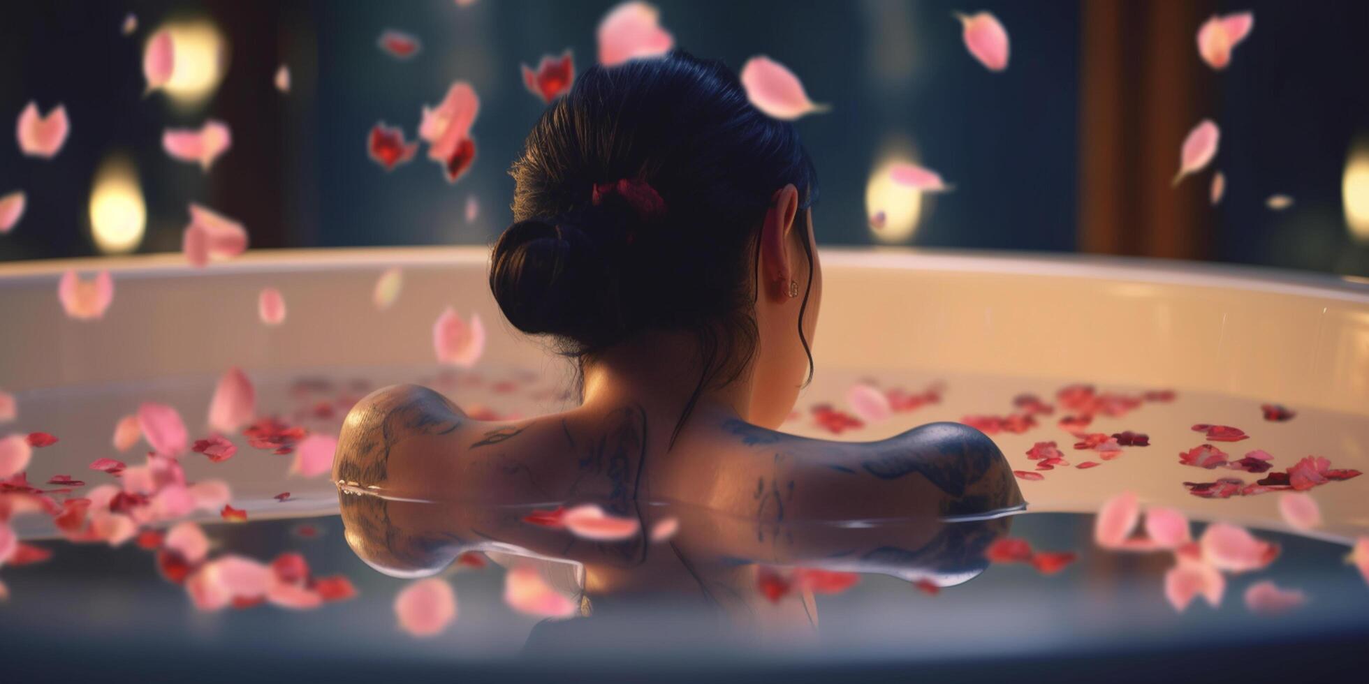 relaxant tremper dans une Rose pétale chaud baignoire le ultime spa expérience ai généré photo