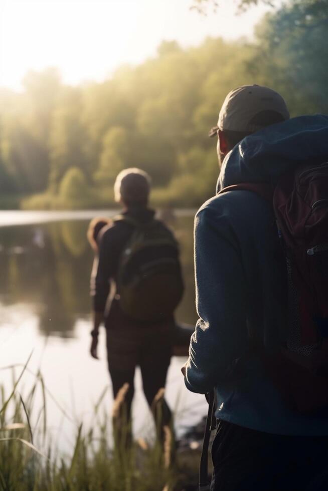 explorant le en plein air groupe randonnée et camping par le rivière avec sacs à dos ai généré photo