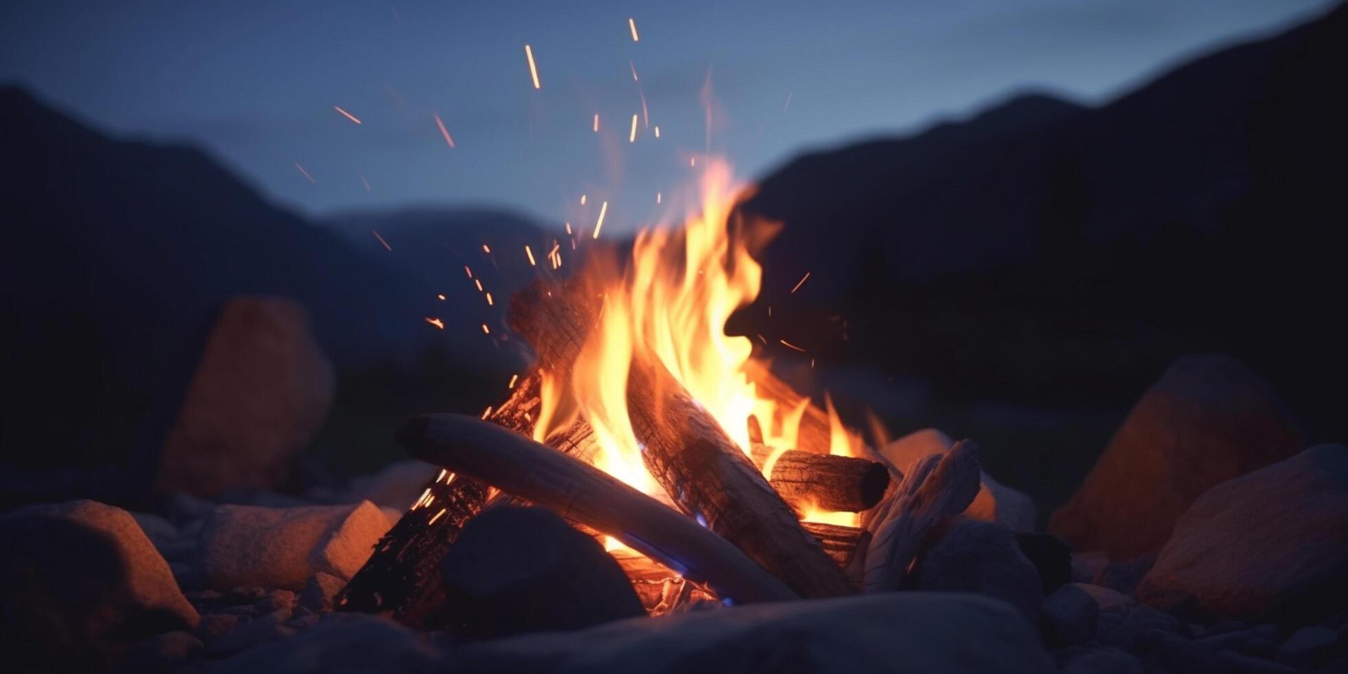 confortable feu de camp dans le cœur de le Montagne région sauvage ai généré photo