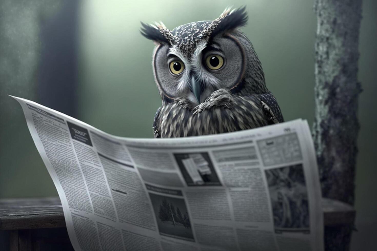 sage hibou captures en haut sur courant événements par en train de lire le journal ai généré photo