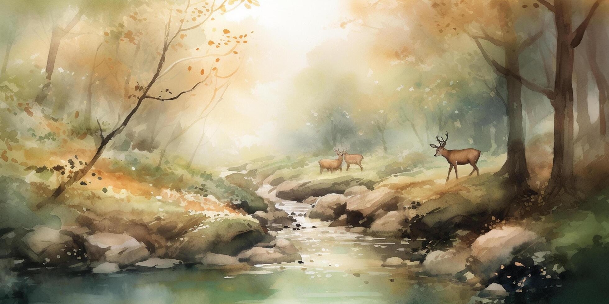 doux rencontre une aquarelle La peinture de une cerf par une rivière dans une forêt ai généré photo