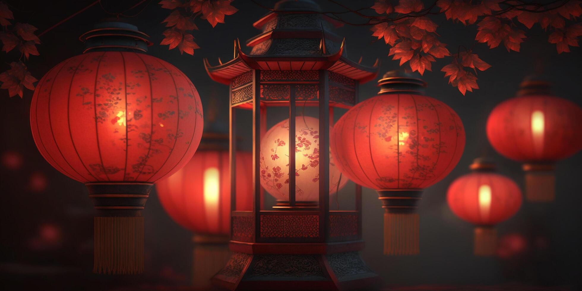 enchanteur chinois Nouveau année fête avec rouge lanternes éclairant le nuit ai généré photo