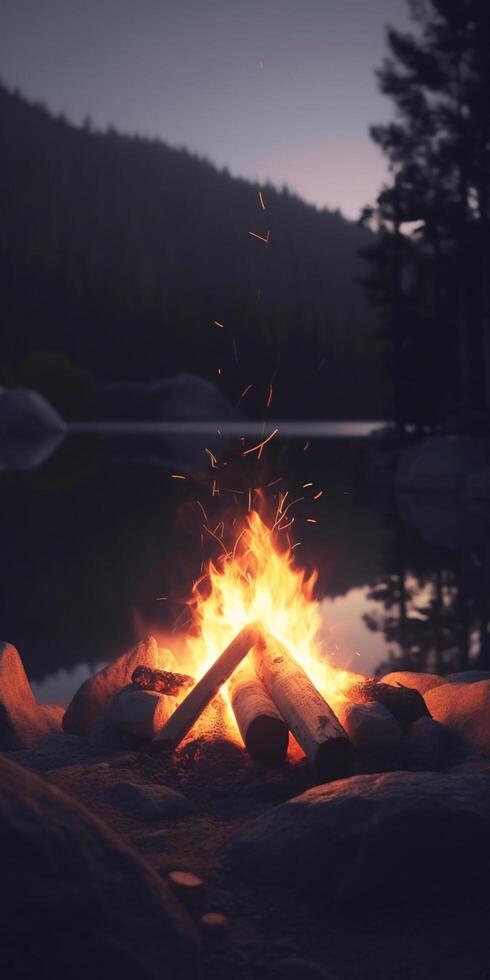 confortable feu de camp dans le cœur de le Montagne région sauvage ai généré photo