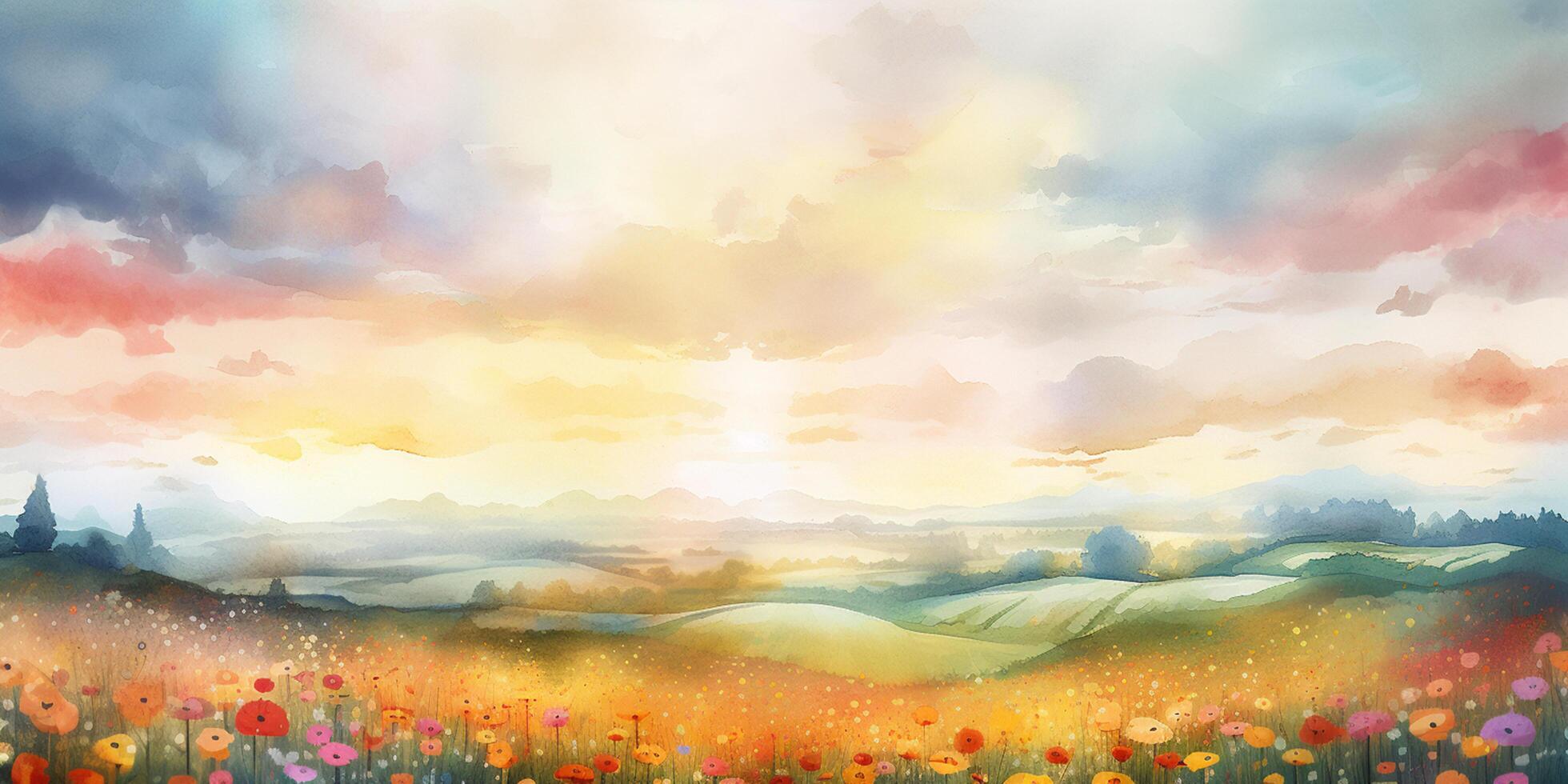 été fleurit une pastel aquarelle La peinture de une fleuri Prairie ai généré photo