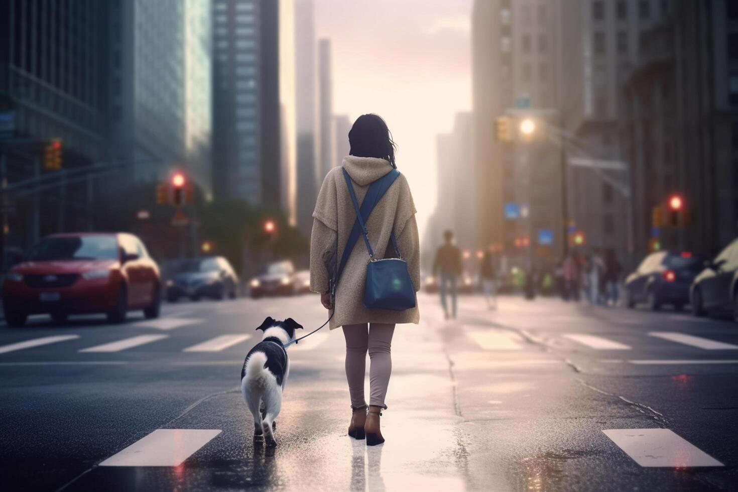 ville promenade avec canin un compagnon une femme et sa chien au milieu de grattes ciels pendant le coucher du soleil ai généré photo