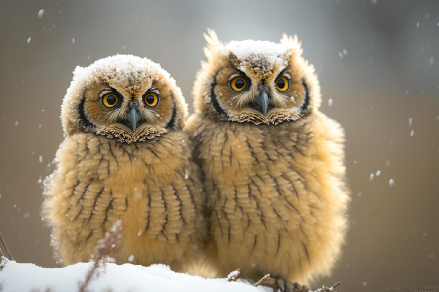 deux chouettes couvert avec neige asseoir sur une branche ai généré photo