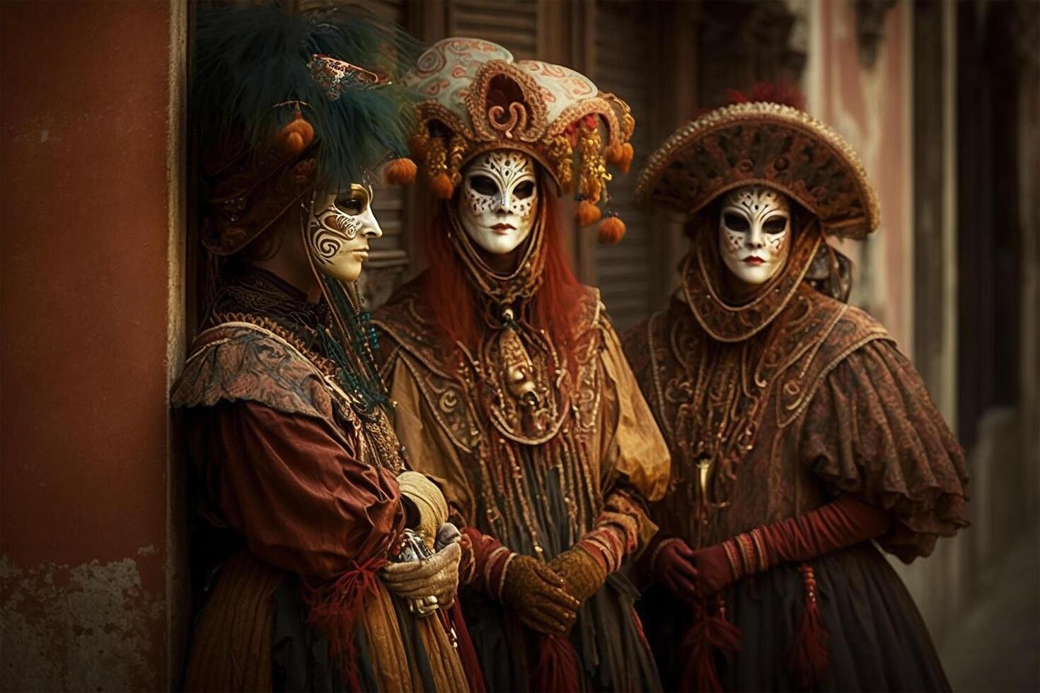 célébrer carnaval dans Venise gens dans de fête masques et costumes ai généré photo