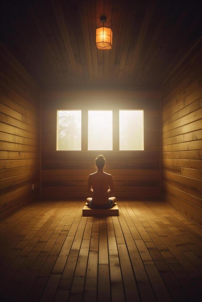 découverte paix dans femme méditer dans jambes croisées yoga pose ai généré photo