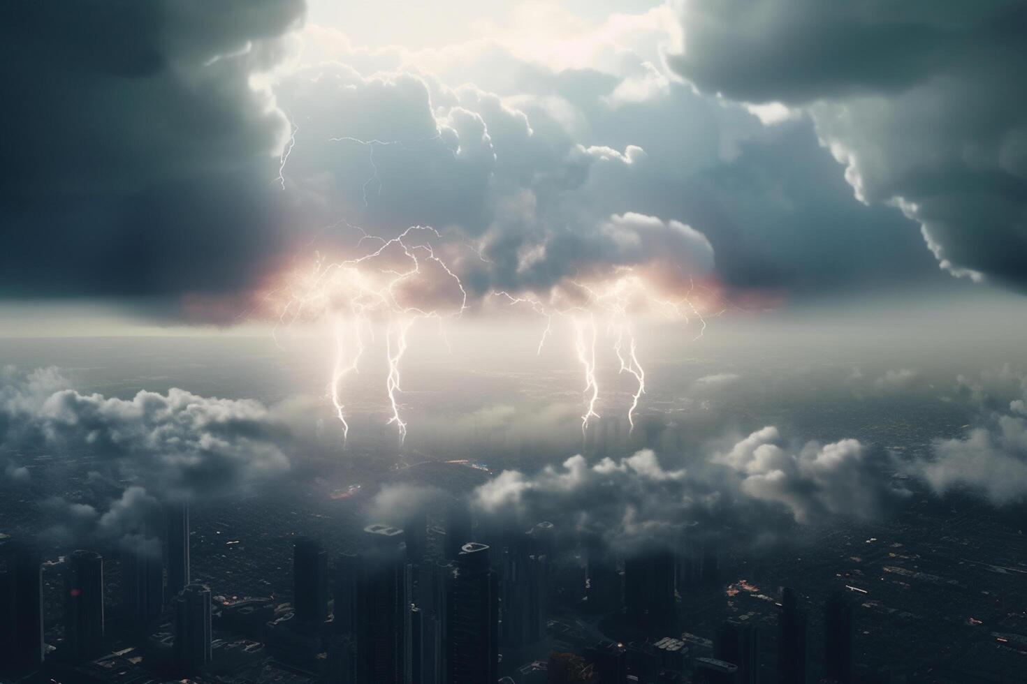 orageux ciels plus de le ville aérien vue de orage et foudre ai généré photo