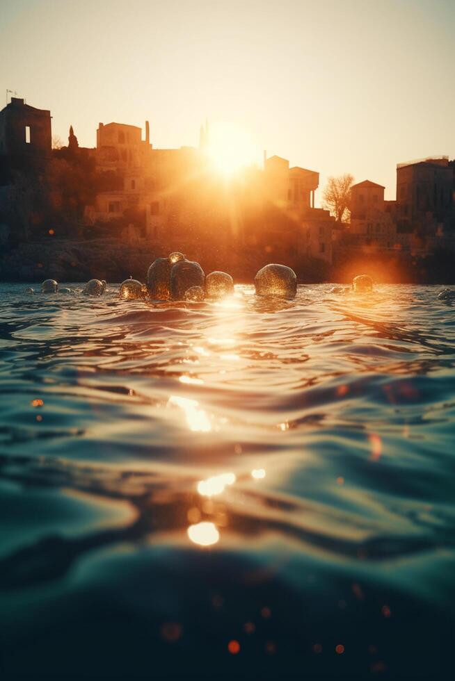 le coucher du soleil vue de ancien ruines sur littoral avec vagues dans premier plan ai généré photo