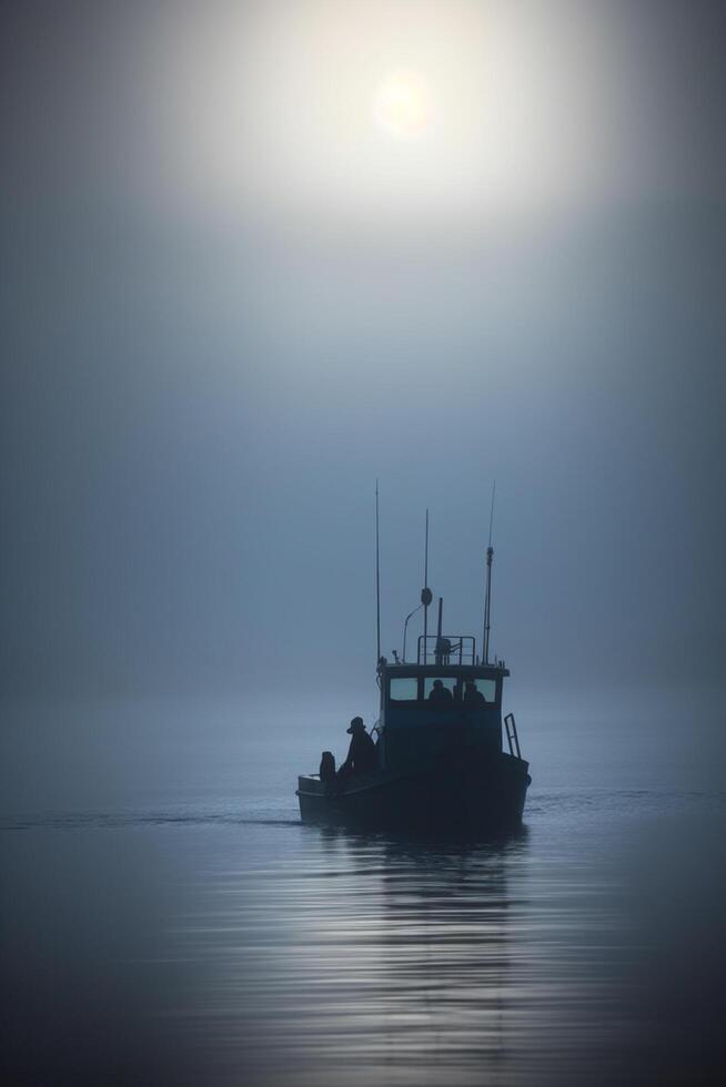 Matin brouillard sur le océan une bateau de pêcheur à lever du soleil ai généré photo