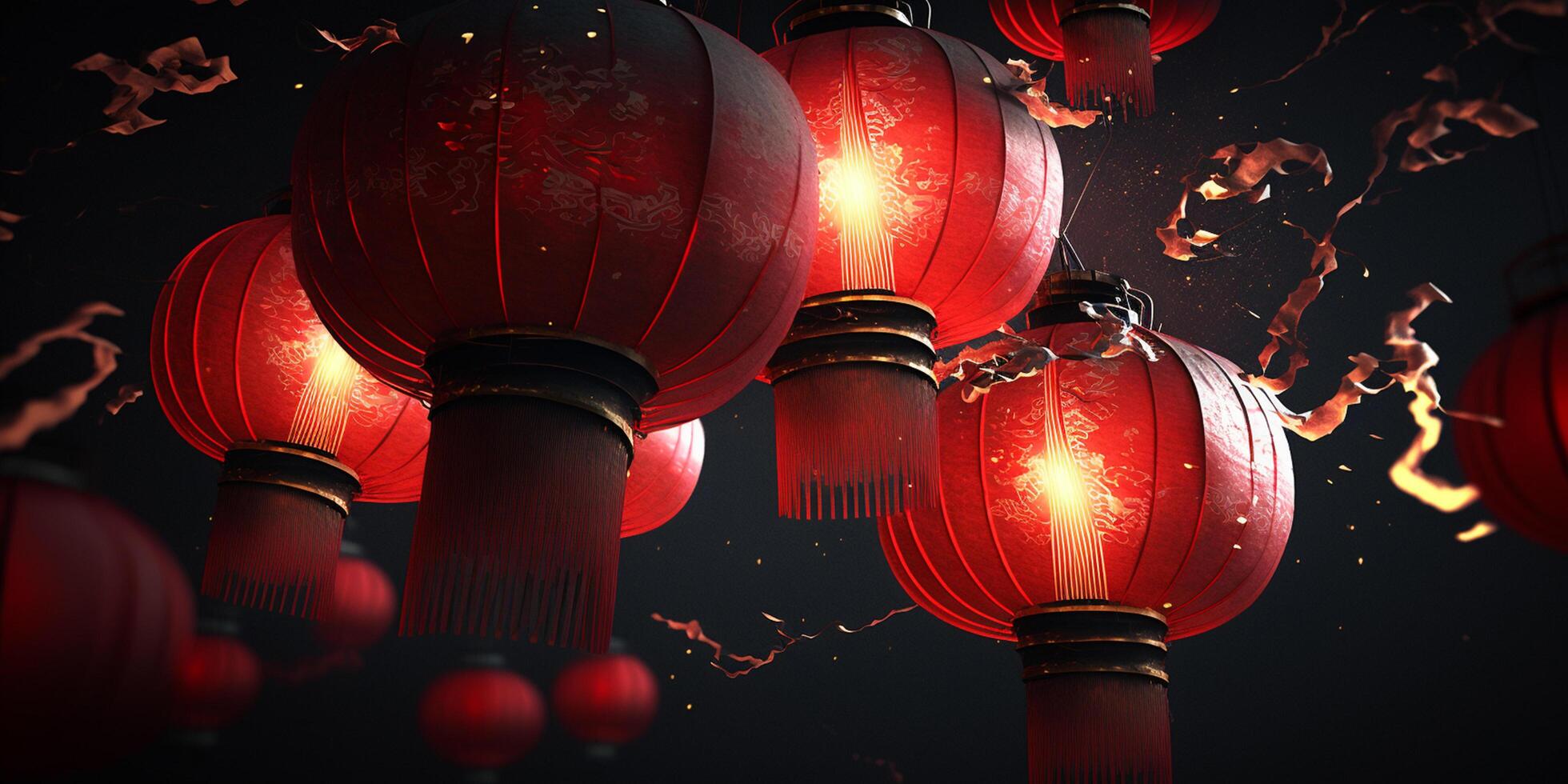 enchanteur chinois Nouveau année fête avec rouge lanternes éclairant le nuit ai généré photo