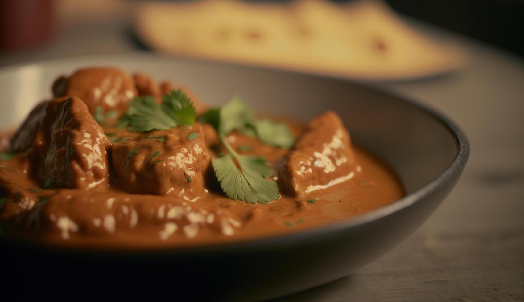 grésillant beurre poulet, aromatique Indien plat, fumant sur foncé Contexte ai généré photo