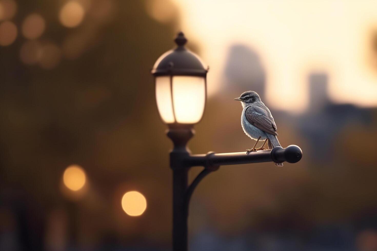 Urbain faune majestueux oiseau sur une ville lampe Publier à crépuscule ai généré photo