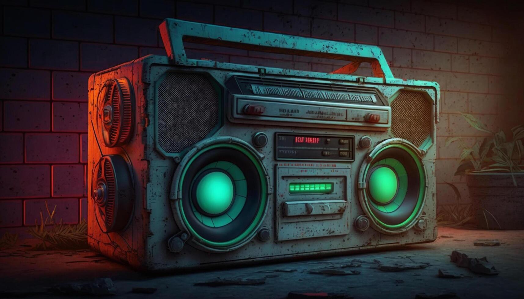 explosion de le passé Années 80 ghetto blaster dans néon couleurs ai généré photo