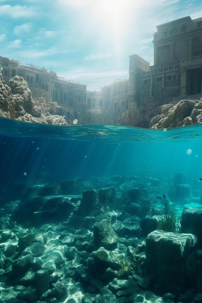 le mystique creux ville une à moitié immergé vue de atlantis dans cristal bleu des eaux ai généré photo