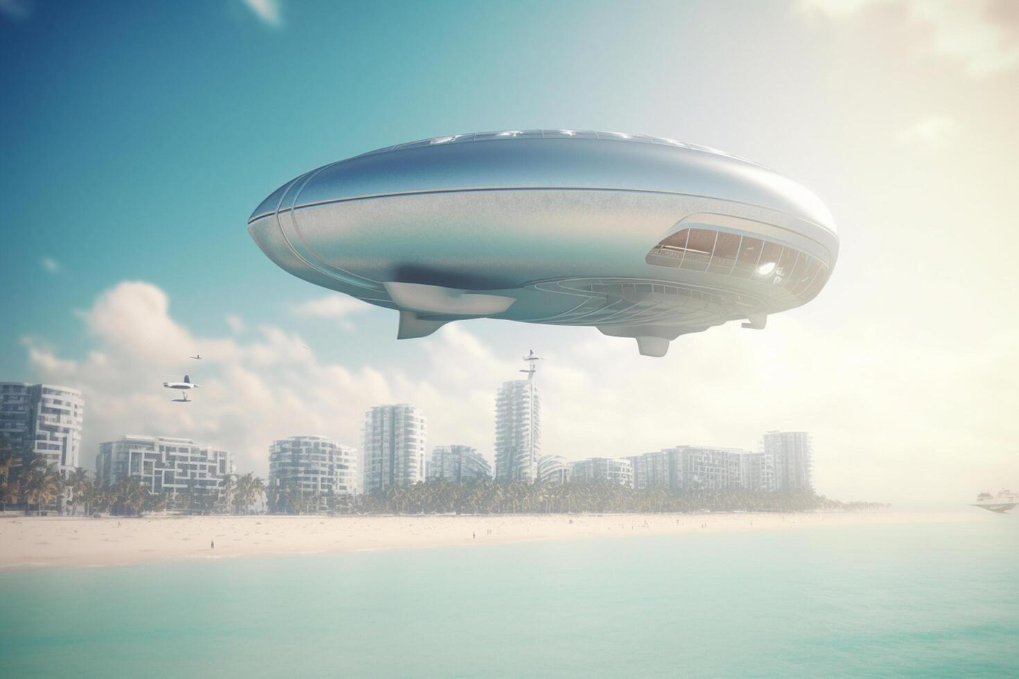 ville dans le ciel propulsé par l'IA en volant villes et vaisseaux spatiaux plus de le Azur mer ai généré photo