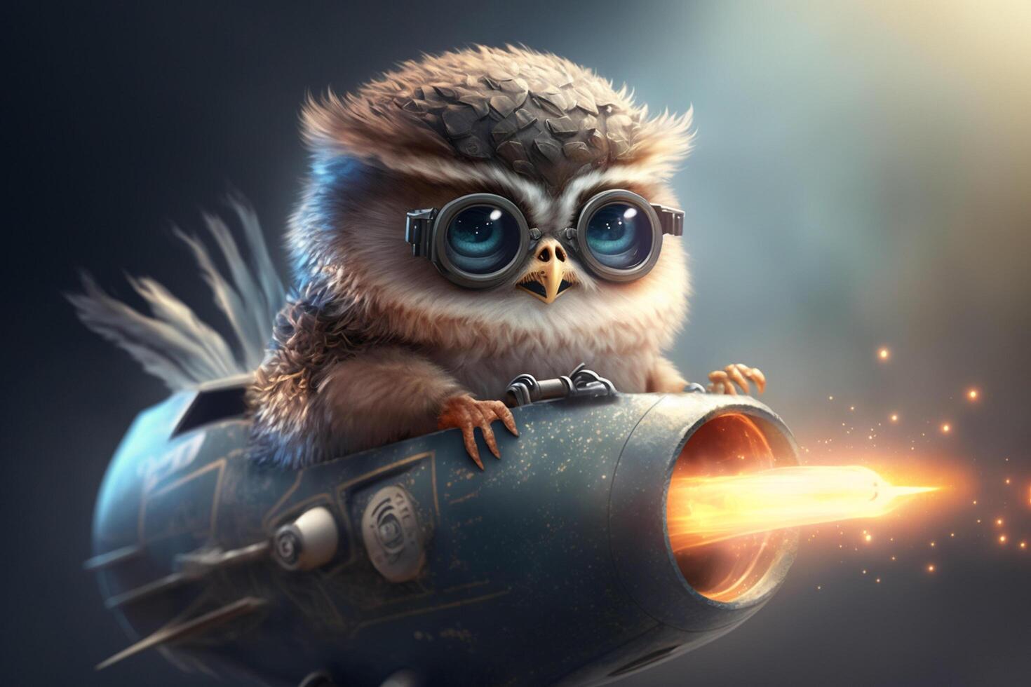 marrant bébé hibou dans une en volant objet avec aviateur des lunettes de protection dans le ciel ai généré photo