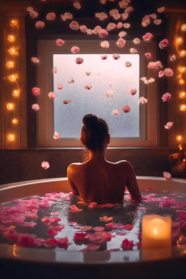 relaxant tremper dans une Rose pétale chaud baignoire le ultime spa expérience ai généré photo