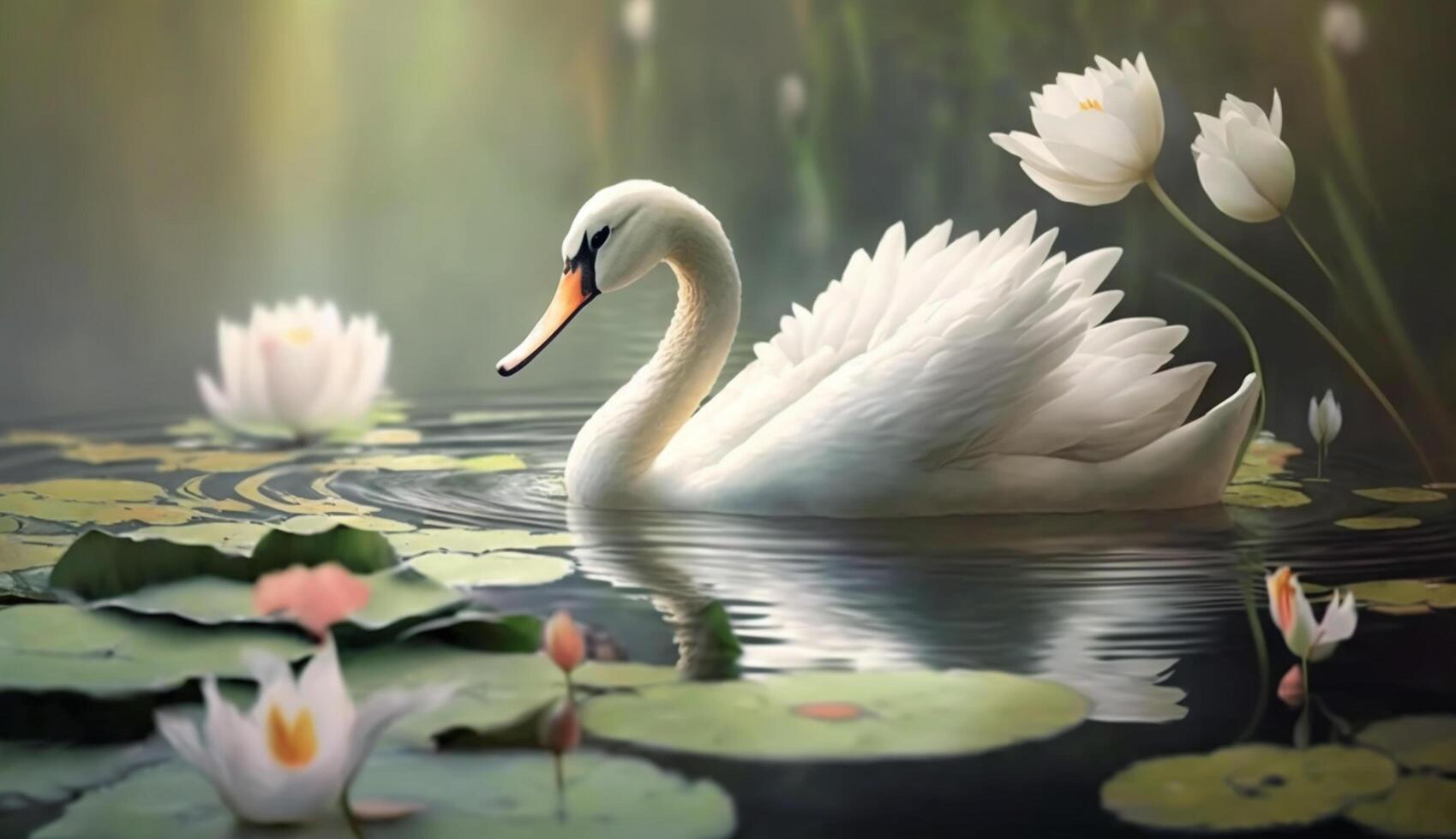 gracieux cygne dans une étang de épanouissement lotus fleurs ai généré photo