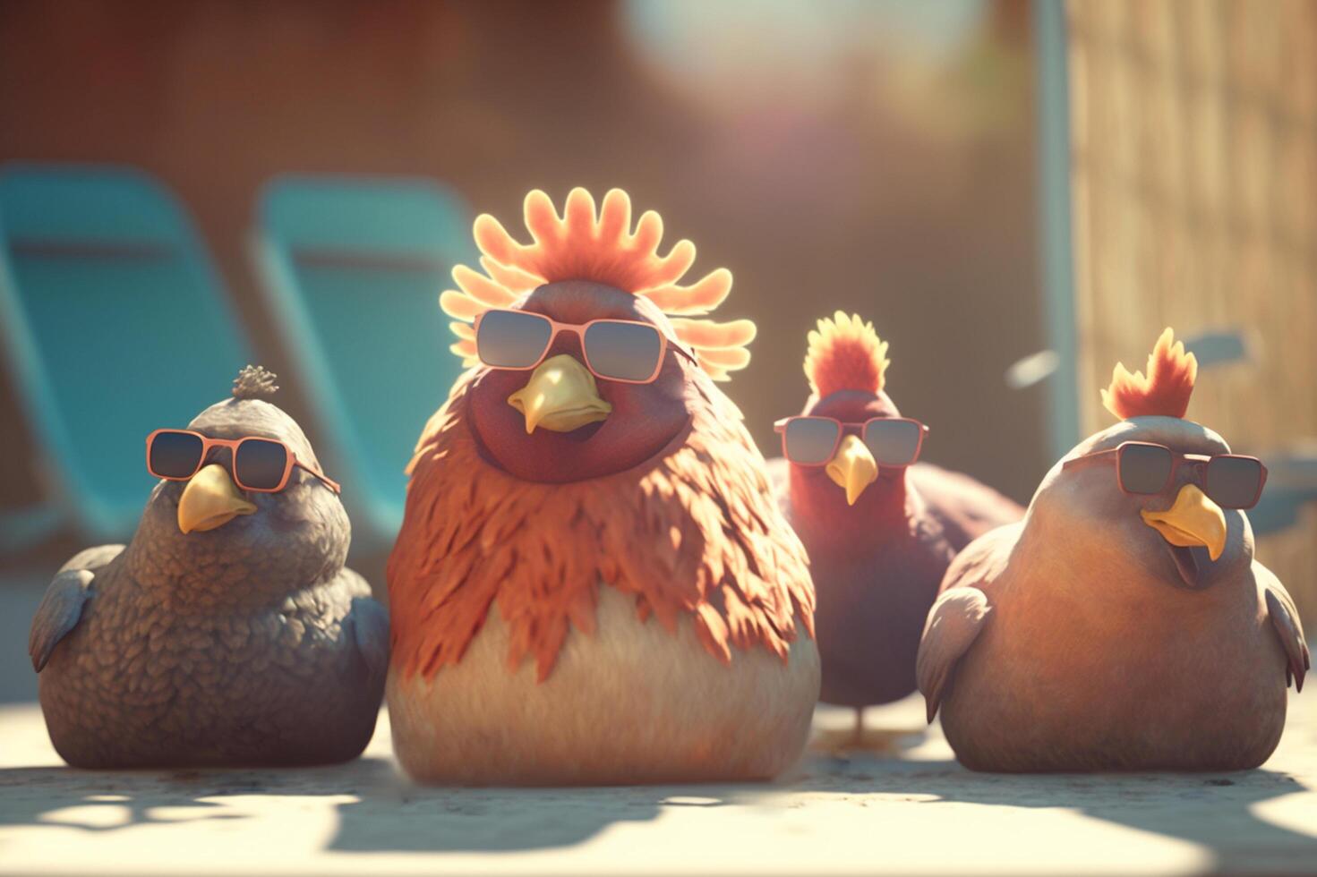 le cool poulets équipe bain de soleil et relaxant avec nuances ai généré photo