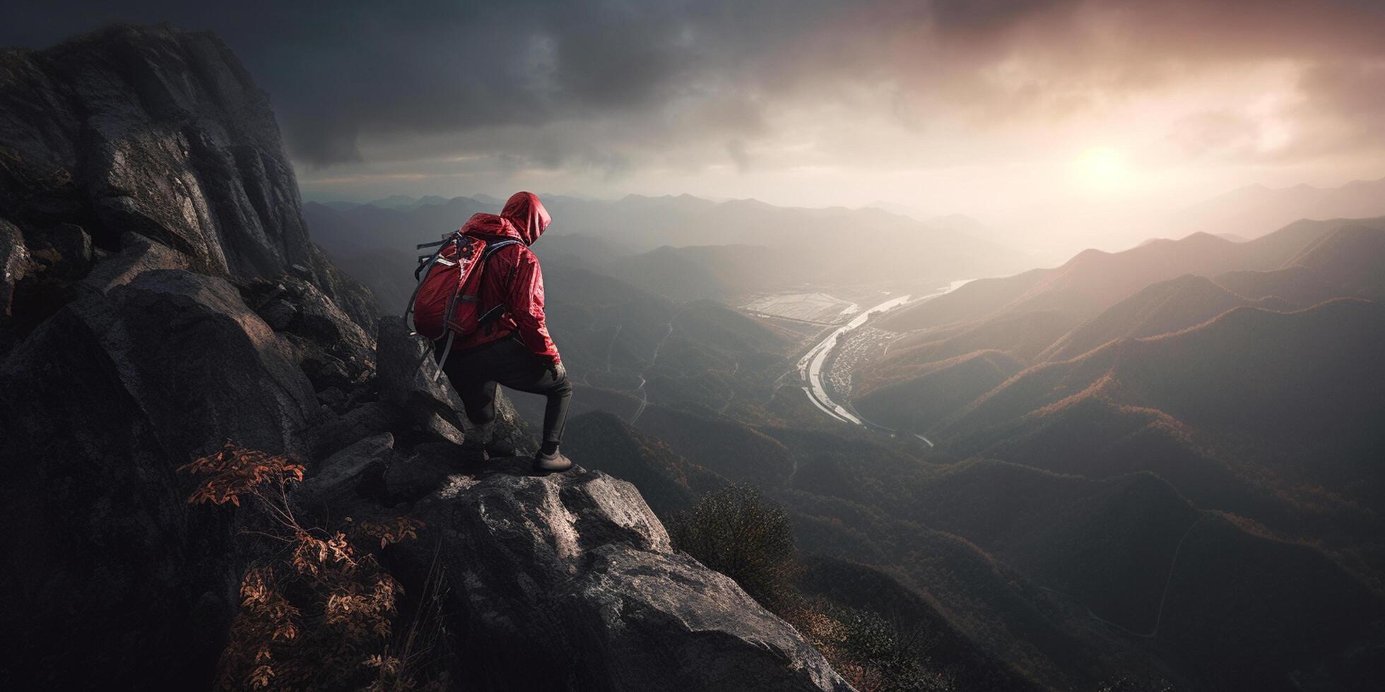 mise à l'échelle le majestueux hauteurs une grimpeur aventure au milieu de imposant des nuages et montagnes ai généré photo