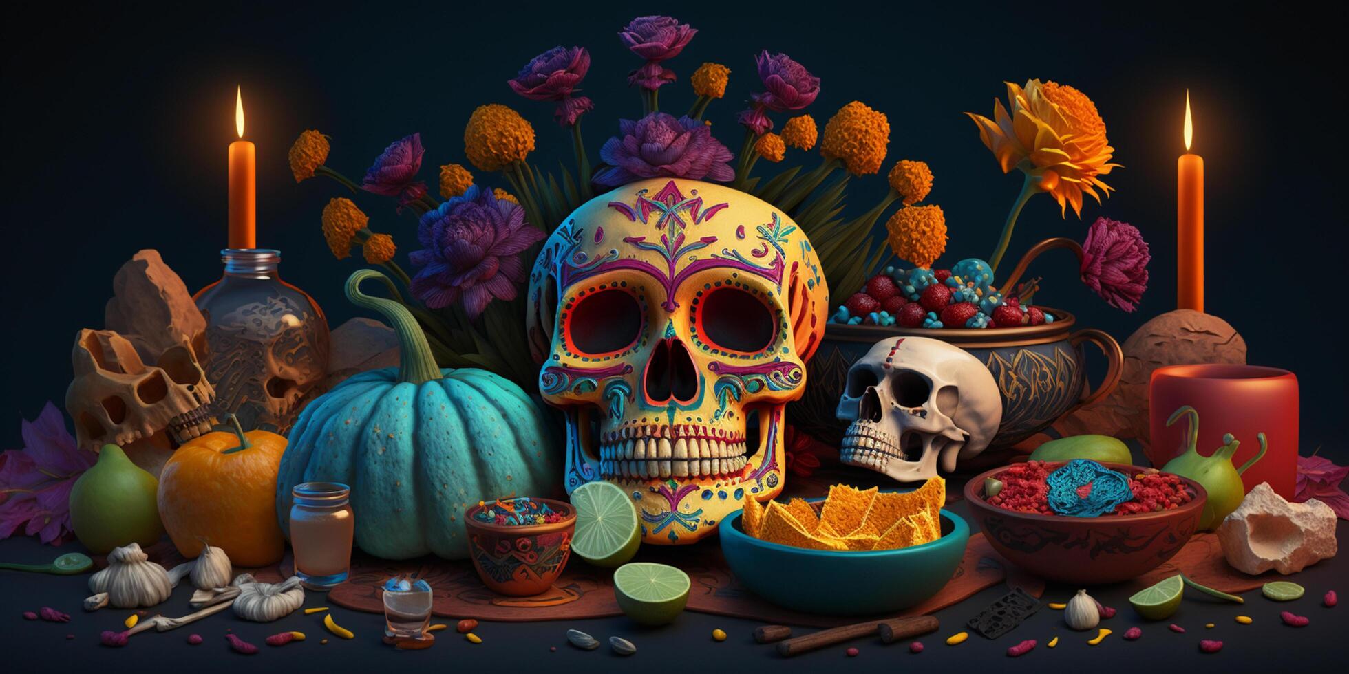 vibrant coloré encore la vie de décoré crânes avec citrouilles, bougies et traditionnel mexicain décor célébrer journée de le mort - dia de muertos ai généré photo