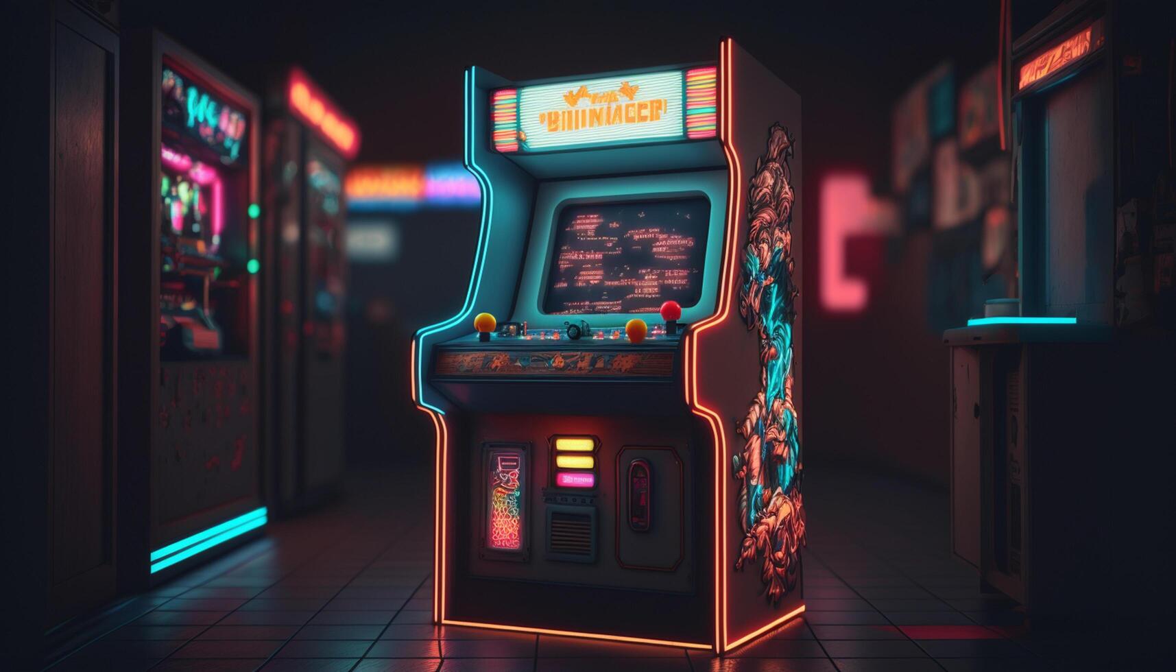 rétro jeu amusement vieille école arcade Jeu dans un Années 80 néon pays des merveilles ai généré photo