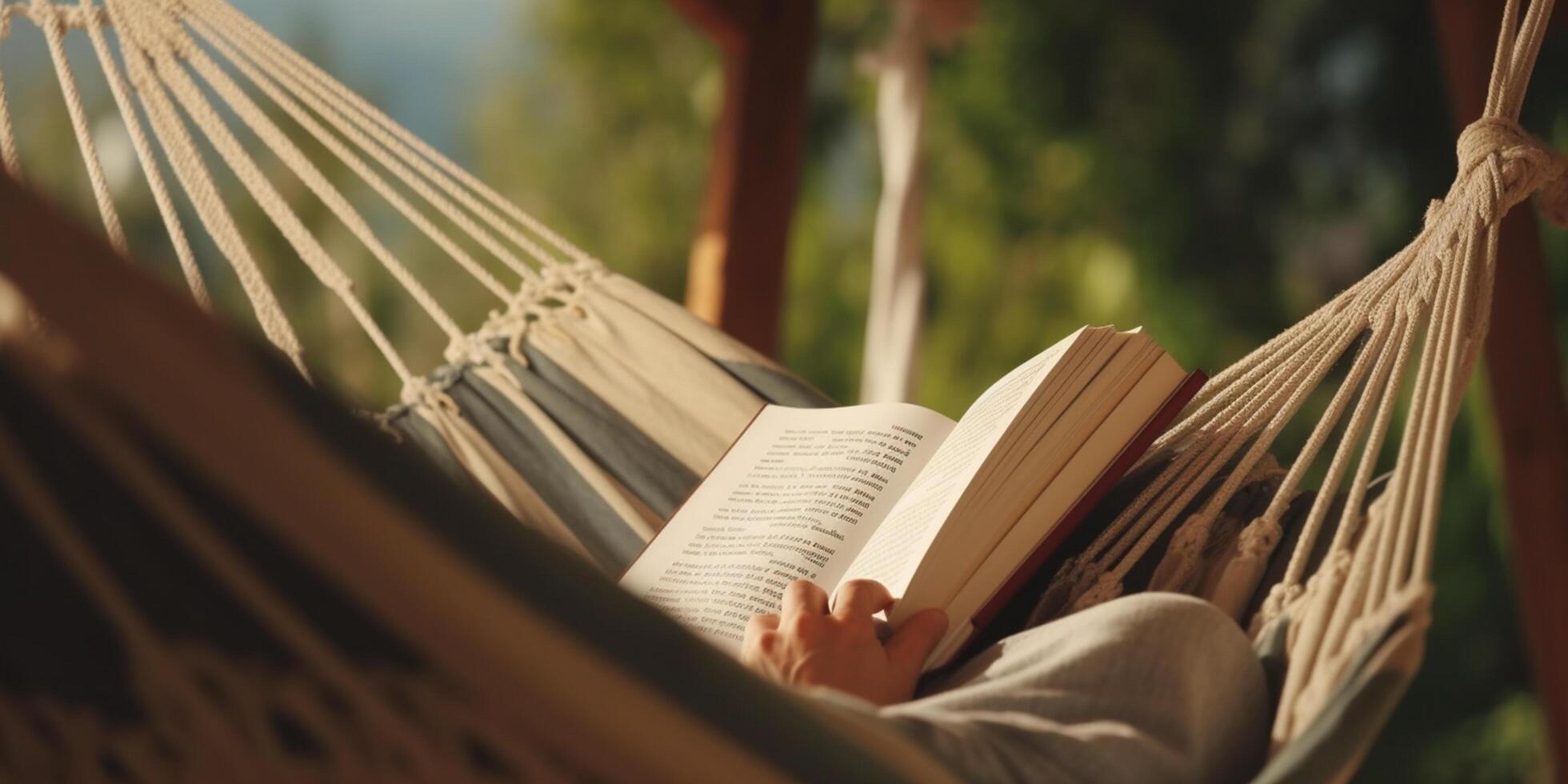 relaxant dans le hamac la personne en train de lire une livre ai généré photo