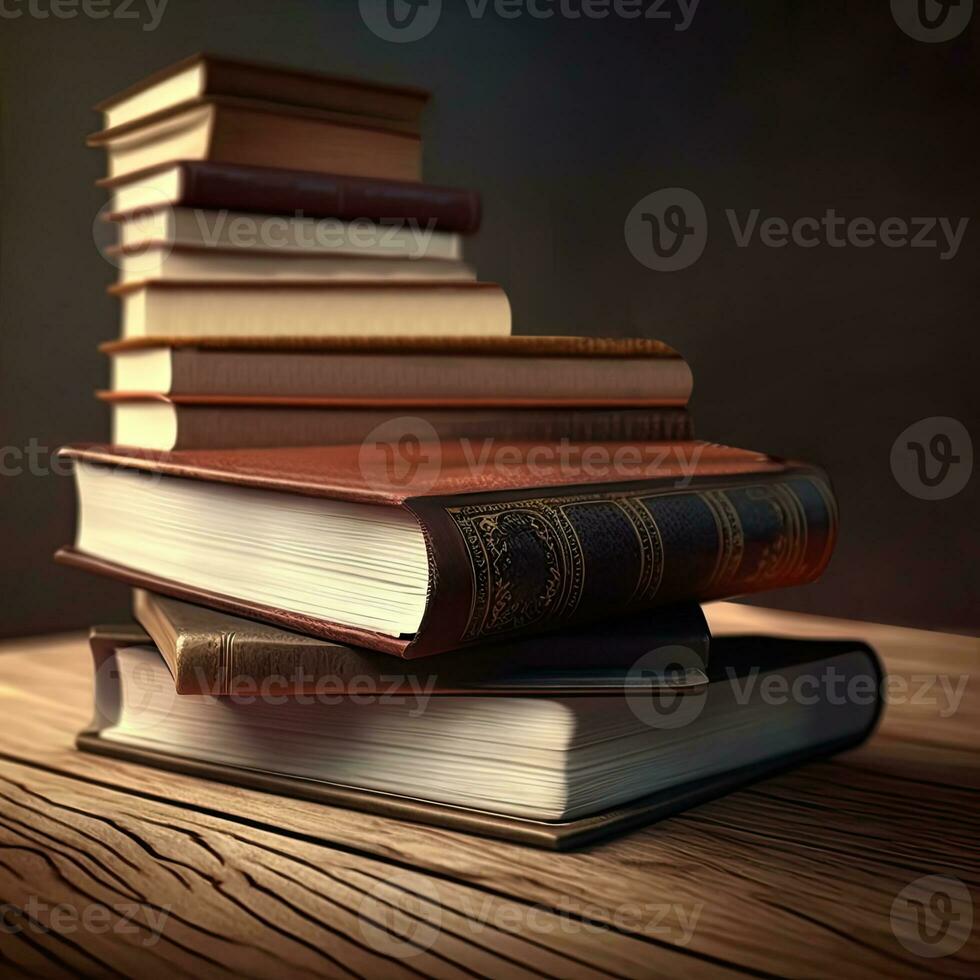 proche vue de empiler livres sur en bois bureau dans foncé Contexte. photo