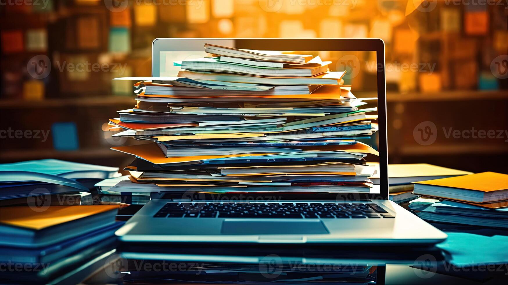 piles de formalités administratives et livre, des dossiers sur une bureau et portable filtrer. génératif ai. photo