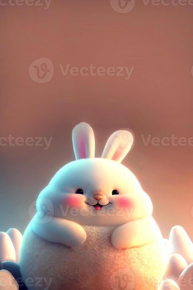 3d rendre de de bonne humeur velu joufflu lapin personnage sur des œufs décoré Contexte et copie espace. photo