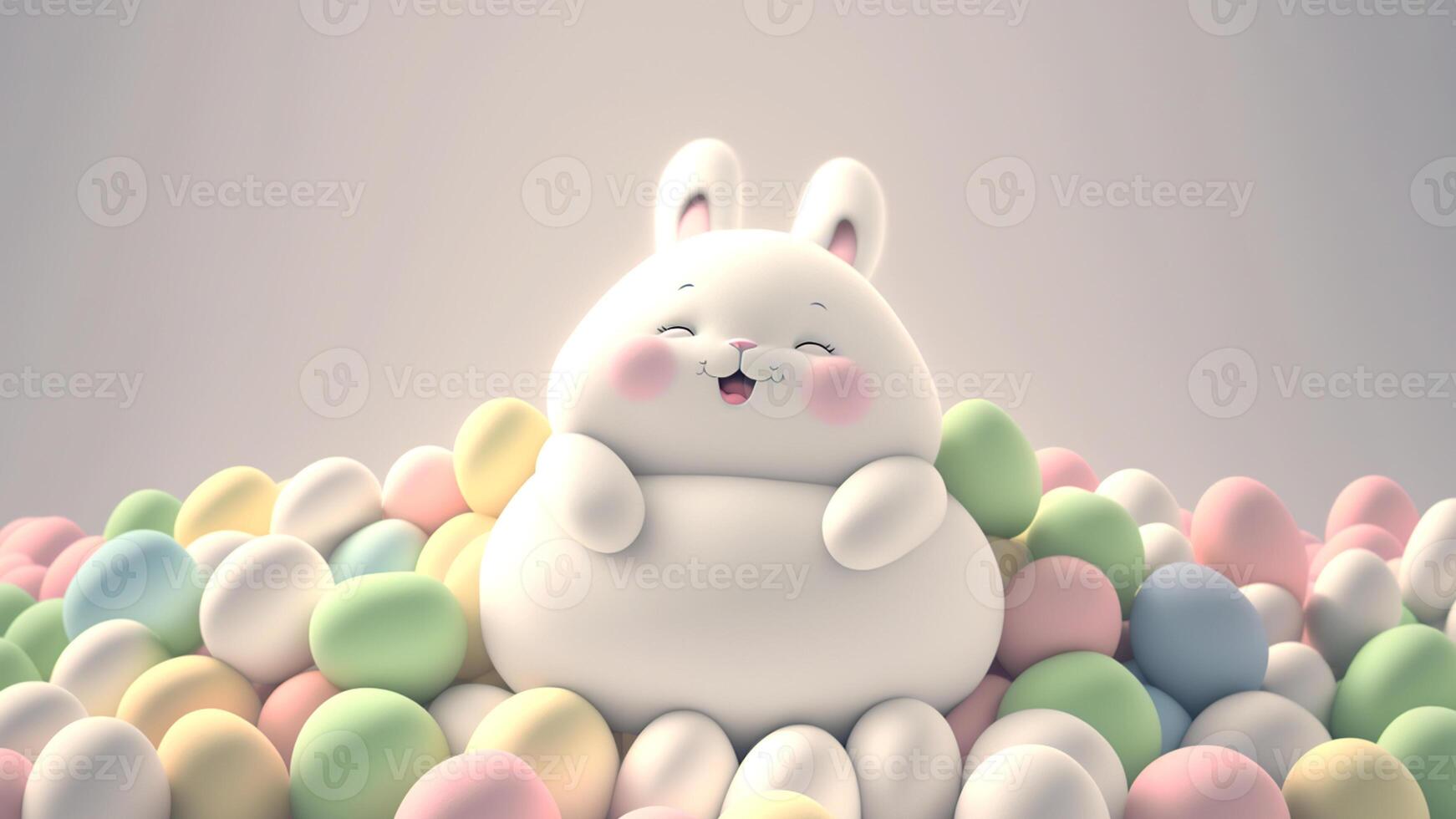 3d rendre de mignonne joufflu lapin personnage entouré par pastel Couleur des œufs contre Contexte. content Pâques journée concept. photo
