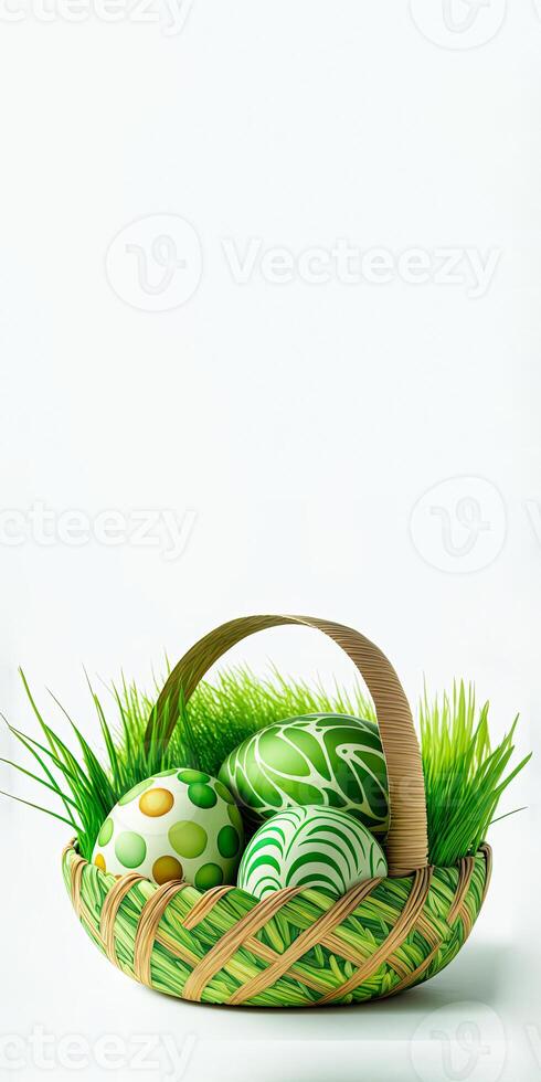 3d rendre de vert imprimé des œufs à l'intérieur herbe panier et copie espace. content Pâques concept. photo