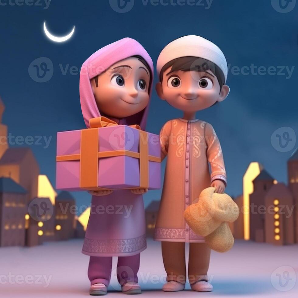 adorable disney style personnage de musulman des gamins ou couple avec une cadeau boîte dans croissant nuit. eid mubarak concept, génératif ai. photo