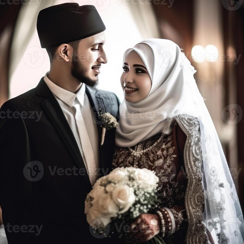 portrait de musulman mariage couple portant traditionnel tenue pendant le mariage cérémonie, génératif ai. photo