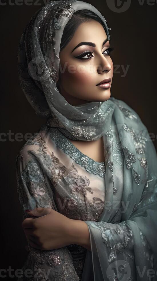 réaliste vue de très attrayant Jeune islamique femme portant hijab. génératif ai illustration. photo