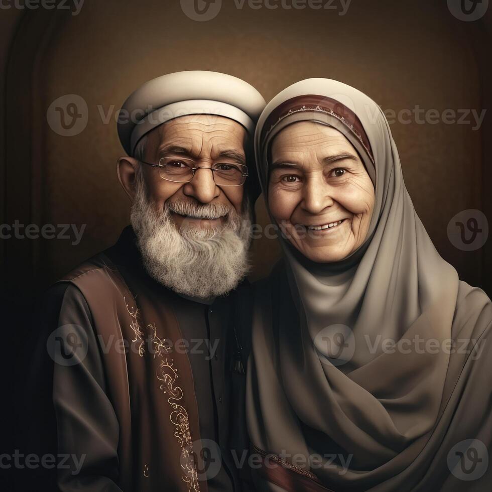 réaliste portrait de vieux musulman Anglais couple portant traditionnel tenue, génératif ai. photo