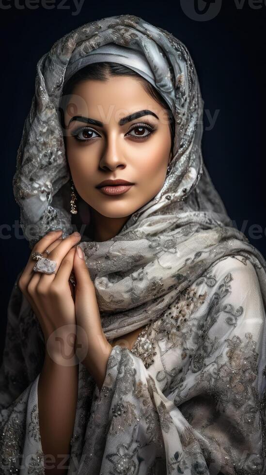 magnifique Jeune musulman femme portant gris robe, eid fête, génératif ai. photo