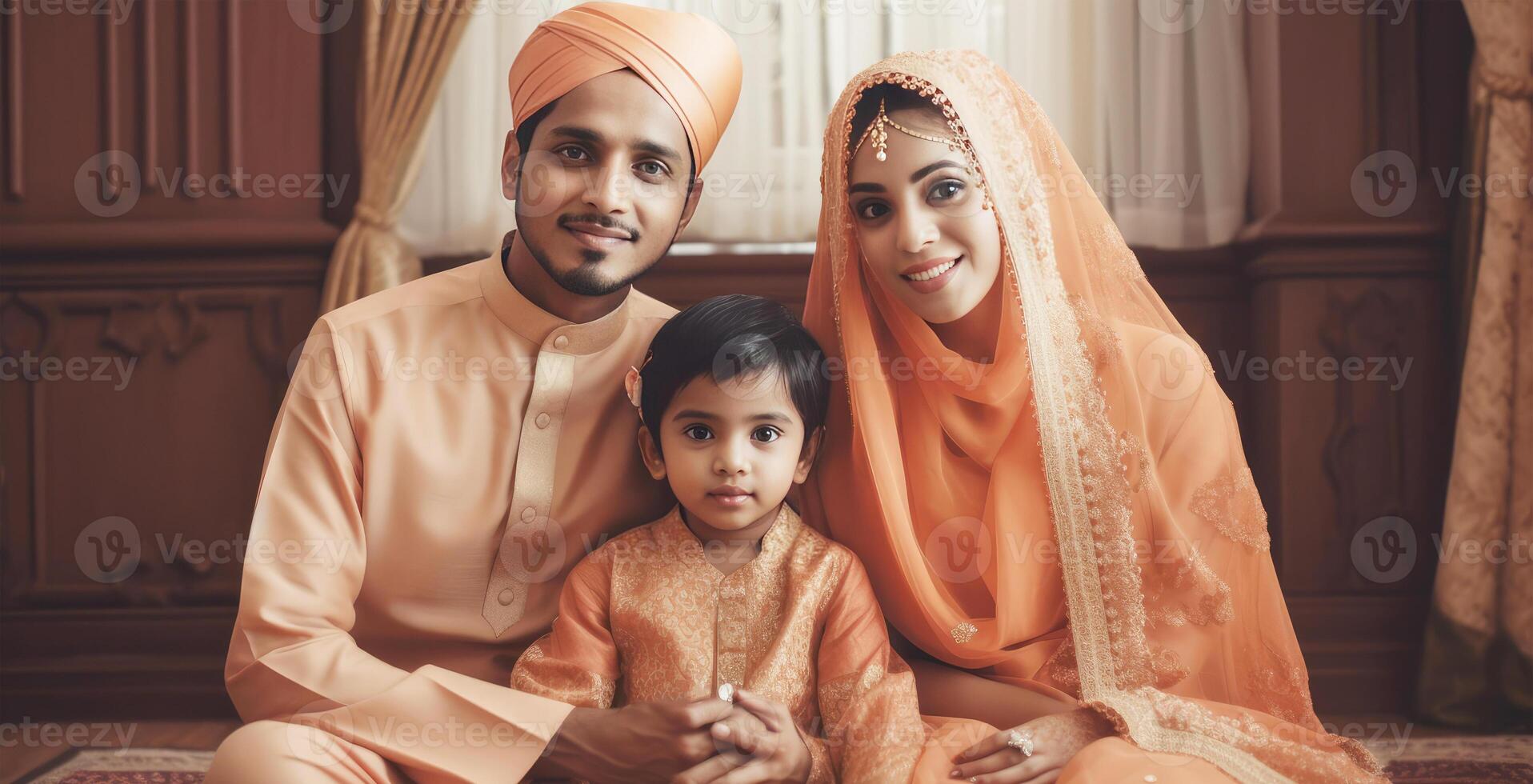 réaliste portrait de musulman famille portant traditionnel tenue pendant eid fête, génératif ai. photo