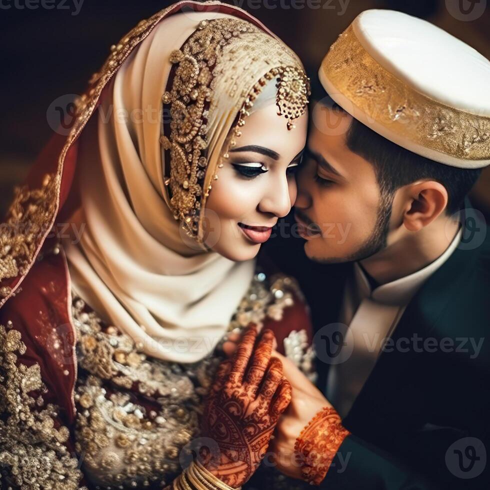 fermer de romantique musulman couple personnage pendant cérémonie, génératif ai. photo
