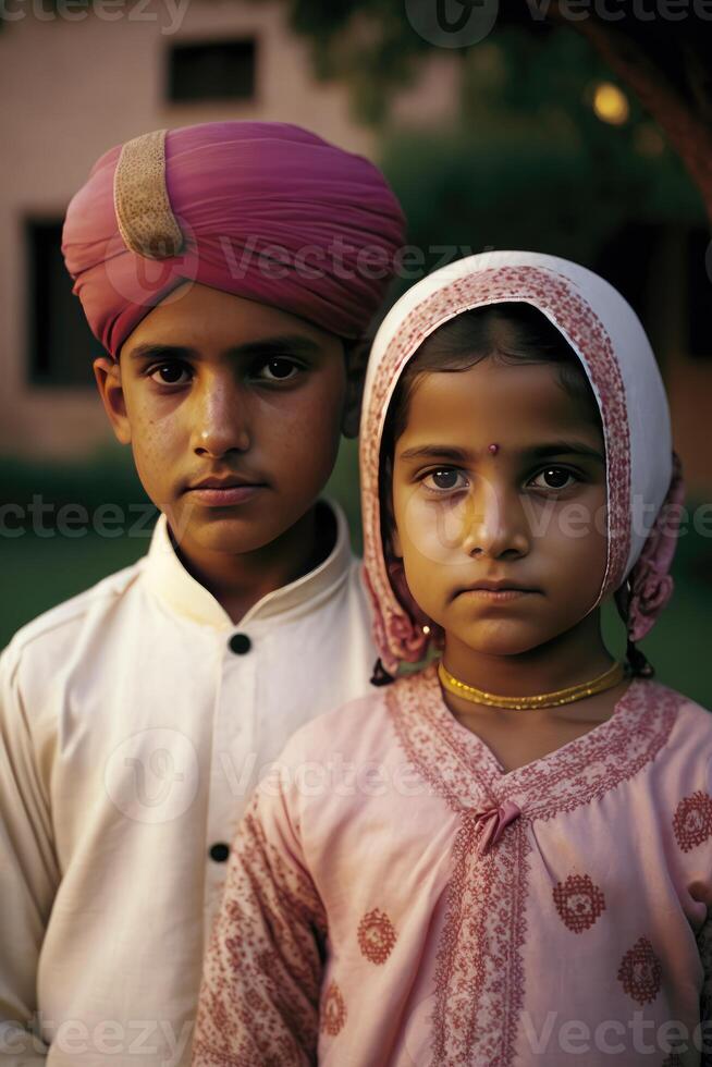 réaliste portrait de Indien agriculteur des gamins portant crâne casquette et traditionnel kurta sur la nature Contexte. génératif ai illustration. photo