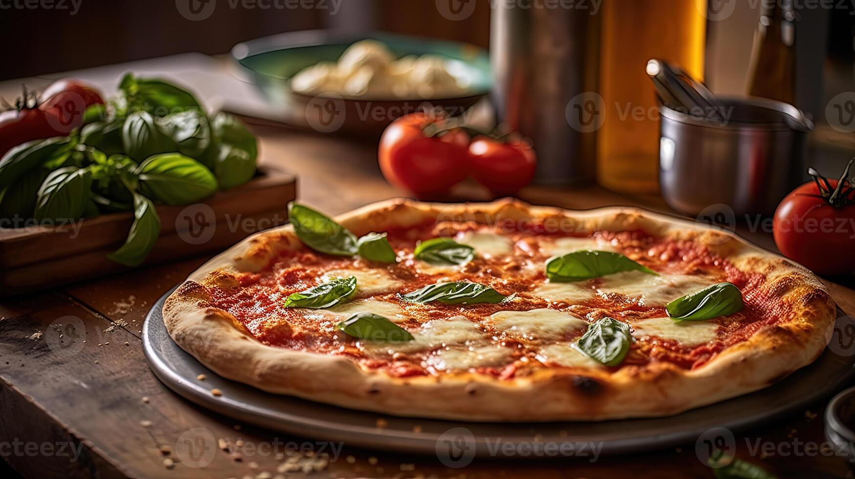 une Frais cuit margherita avec salade et boisson bouteille sur rustique table pour Pizza amoureux. génératif ai. photo